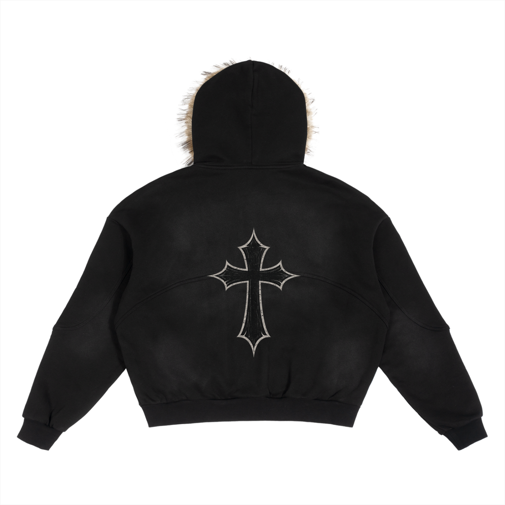 Sun Fade Boxy Detachable Fur Hoodie