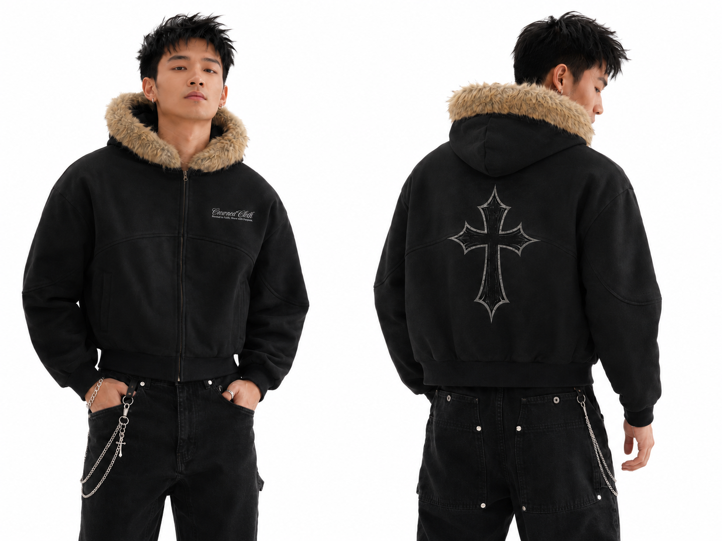 Sun Fade Boxy Detachable Fur Hoodie